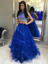 A Line Two Piece Scoop Blue Tulle Ruffles Prom Dress with Beading LBQ3427